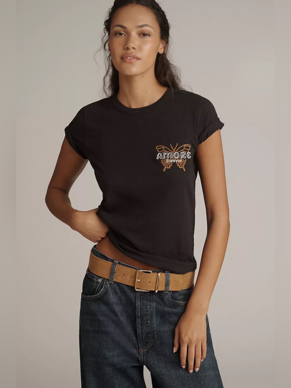 Anthropologie Pilcro Charmed Life Butterfly Embroidery Graphic Tee Size Small